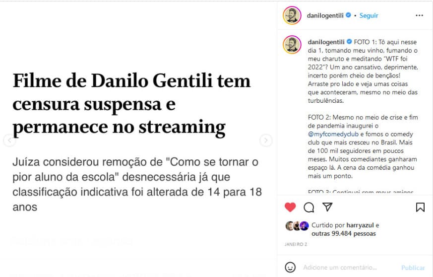 Publicação de Danilo Gentili (Imagem: Reprodução) Publicação de Danilo Gentili (Imagem: Reprodução)