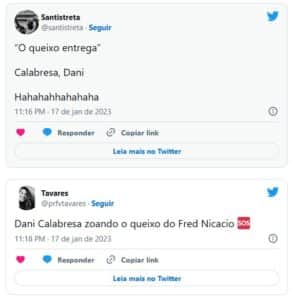 BBB23 - Dani Calabresa é criticada por zoar aparência de participante (Foto: Reprodução / Twitter) BBB23 - Dani Calabresa é criticada por zoar aparência de participante (Foto: Reprodução / Twitter)