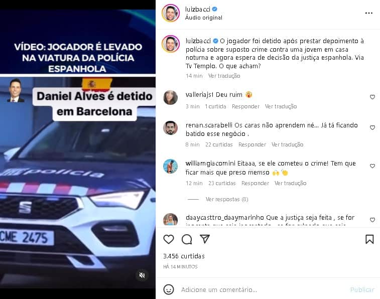 Luiz Bacci noticiou prisão de Daniel Alves em suas redes sociais (Foto: Reprodução/ Instagram) Luiz Bacci noticiou prisão de Daniel Alves em suas redes sociais (Foto: Reprodução/ Instagram)