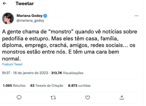 Fora dos estúdios da record, Mariana Godoy fala sobre casos de estupro, notícias com as quais lida todos os dias e faz reflexão sobre monstros estarem no meio de nós diariamente (Foto: reprodução / twitter) Fora dos estúdios da record, Mariana Godoy fala sobre casos de estupro, notícias com as quais lida todos os dias e faz reflexão sobre monstros estarem no meio de nós diariamente (Foto: reprodução / twitter)