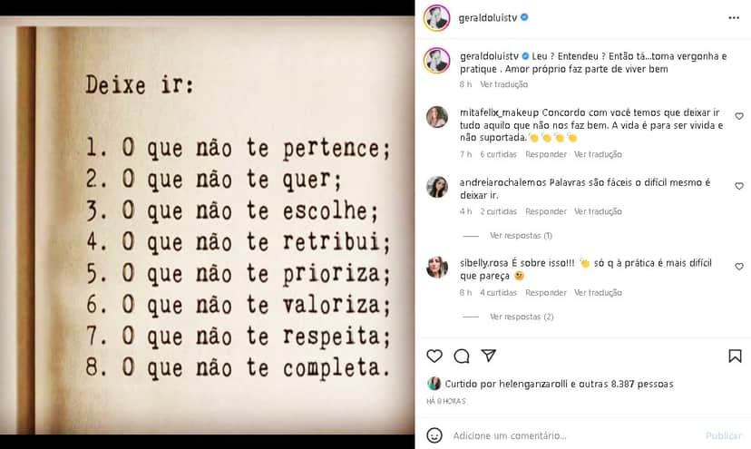 Geraldo Luís deixou mensagem especial sobre amor-próprio - Foto: Reprodução/ Instagram Geraldo Luís deixou mensagem especial sobre amor-próprio - Foto: Reprodução/ Instagram
