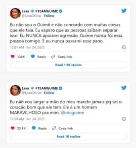 BBB23 - Pressionada, Lexa se pronuncia sobre comportamento do marido: "Eu não sou o Guimê" (Foto: Reprodução / Twitter) BBB23 - Pressionada, Lexa se pronuncia sobre comportamento do marido: "Eu não sou o Guimê" (Foto: Reprodução / Twitter)