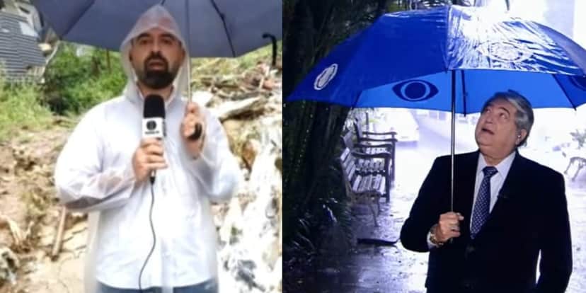 Carlos Miranda e Datena entraram com guarda-chuva ao vivo (Reprodução: Montagem TV Foco) Carlos Miranda e Datena entraram com guarda-chuva ao vivo (Reprodução: Montagem TV Foco)