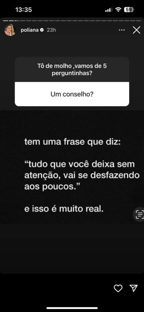 Poliana Rocha, esposa de Leonardo, concorda com frase que diz que o afastamento faz com os relacionamentos se desfaçam (Foto: Reprodução / Instagram) Poliana Rocha, esposa de Leonardo, concorda com frase que diz que o afastamento faz com os relacionamentos se desfaçam (Foto: Reprodução / Instagram)