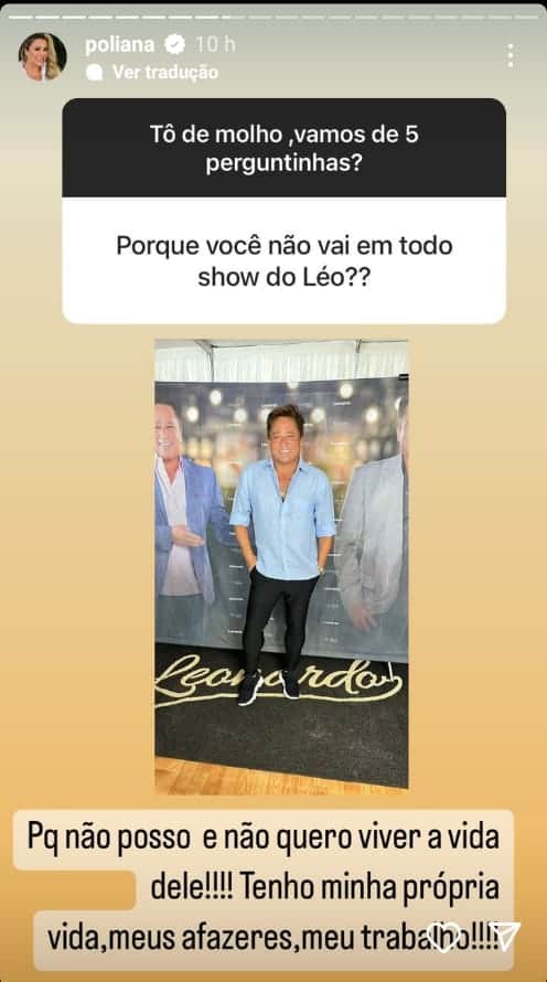 Poliana Rocha expõe motivo de não ir aos shows de Leonardo - Foto: Reprodução/Instagram Poliana Rocha expõe motivo de não ir aos shows de Leonardo - Foto: Reprodução/Instagram