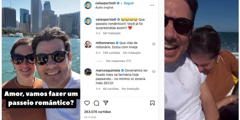 Nas redes sociais, Celso Portiolli deixou a privacidade de lado, compartilhou vídeo com seu grande amor, Suzana Marchi, com quem é casado há anos, e mostrou perrengue durante passeio romântico em barco durante viagem (Fotos: Reprodução / Instagram) Nas redes sociais, Celso Portiolli deixou a privacidade de lado, compartilhou vídeo com seu grande amor, Suzana Marchi, com quem é casado há anos, e mostrou perrengue durante passeio romântico em barco durante viagem (Fotos: Reprodução / Instagram)
