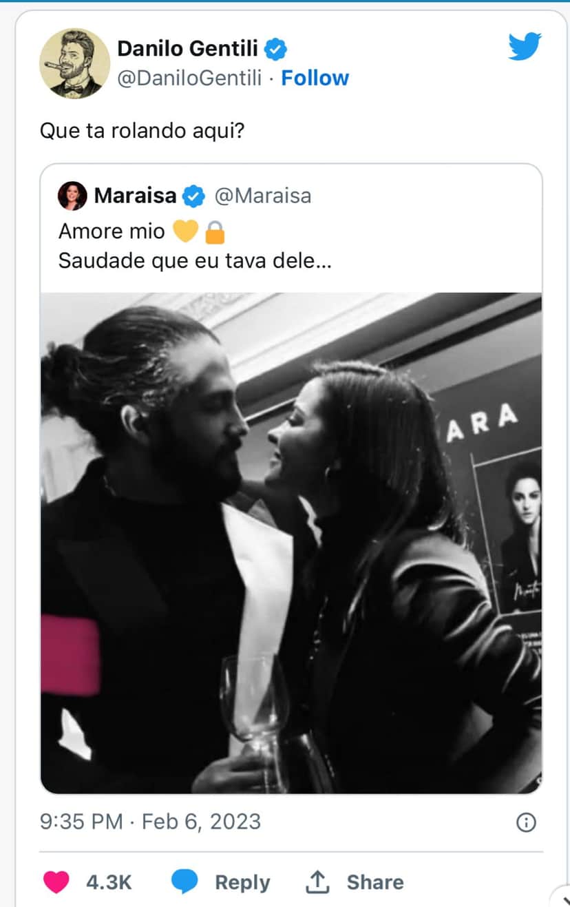 A cantora Maraisa, da dupla com Maiara, entrega foto com rapaz misterioso nas redes sociais e Danilo Gentili se pronuncia sobre o assunto - Foto Reprodução: Twitter A cantora Maraisa, da dupla com Maiara, entrega foto com rapaz misterioso nas redes sociais e Danilo Gentili se pronuncia sobre o assunto - Foto Reprodução: Twitter
