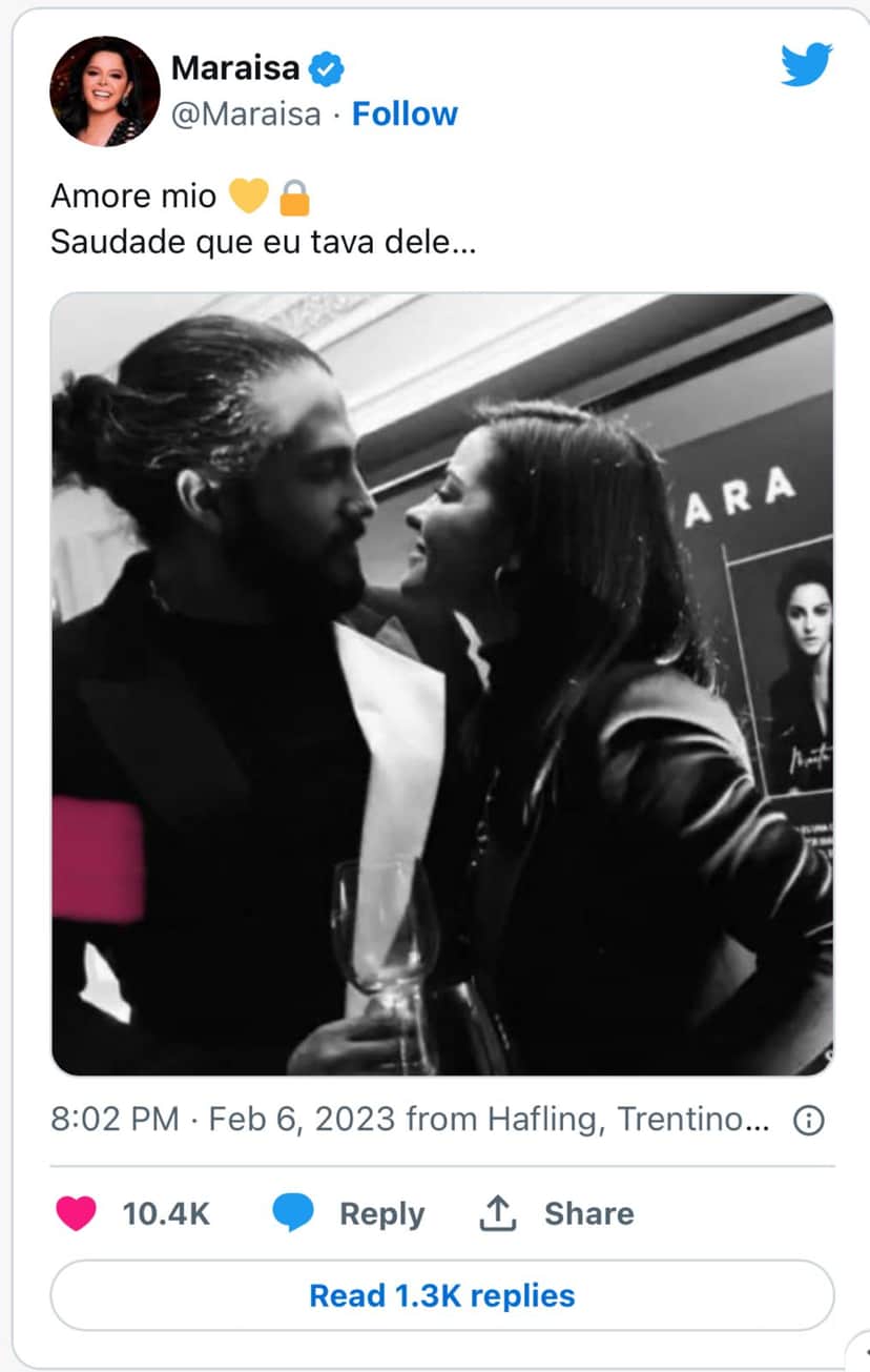 A cantora Maraisa, da dupla com Maiara, entrega foto com rapaz misterioso nas redes sociais e Danilo Gentili se pronuncia sobre o assunto - Foto Reprodução: Twitter A cantora Maraisa, da dupla com Maiara, entrega foto com rapaz misterioso nas redes sociais e Danilo Gentili se pronuncia sobre o assunto - Foto Reprodução: Twitter