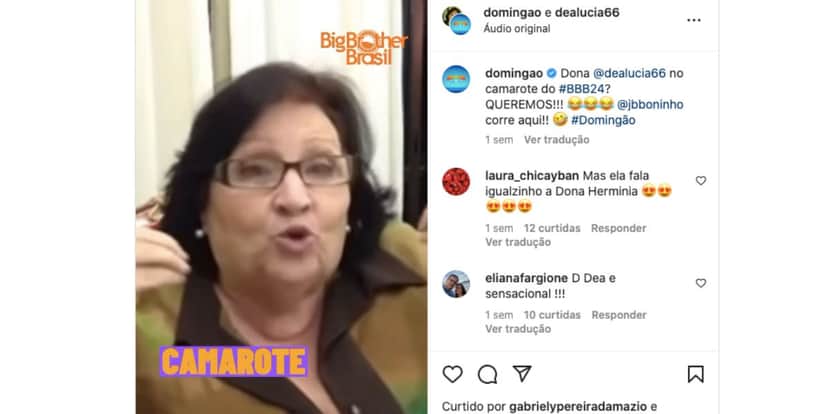 Dona Déa Lúcia diz que aceitaria participar do BBB para Luciano Huck (Foto: Reprodução / Instagram) Dona Déa Lúcia diz que aceitaria participar do BBB para Luciano Huck (Foto: Reprodução / Instagram)