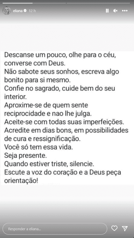 Mensagem postada por Eliana (Foto: Reprodução, Instagram) Mensagem postada por Eliana (Foto: Reprodução, Instagram)