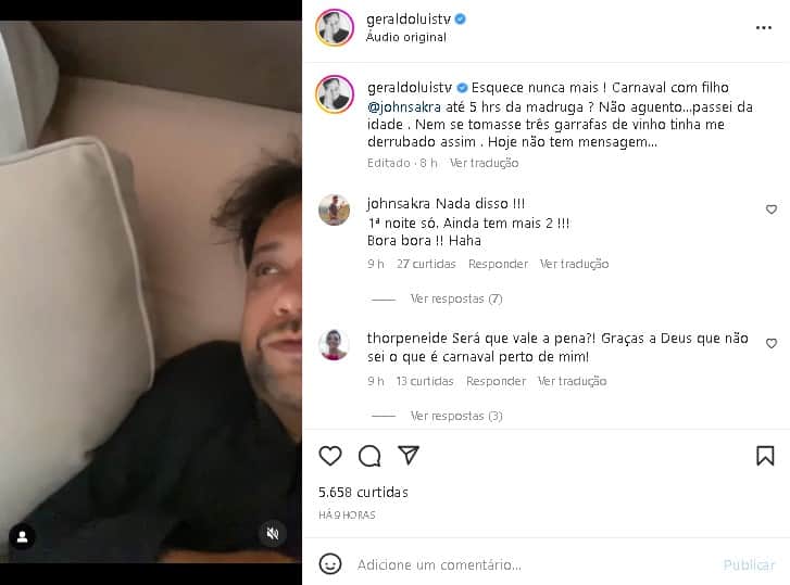 Geraldo Luís fez desabafo sobre noitada com o filho e relatou cansaço (Foto: Reprodução/ Instagram) Geraldo Luís fez desabafo sobre noitada com o filho e relatou cansaço (Foto: Reprodução/ Instagram)