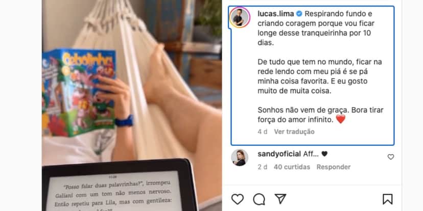 Lucas Lima mostra vídeo ao lado de filho, Theo, enquanto liam um livro em uma rede e Sandy manda recado público carinhoso (Foto: Reprodução / Instagram) Lucas Lima mostra vídeo ao lado de filho, Theo, enquanto liam um livro em uma rede e Sandy manda recado público carinhoso (Foto: Reprodução / Instagram)