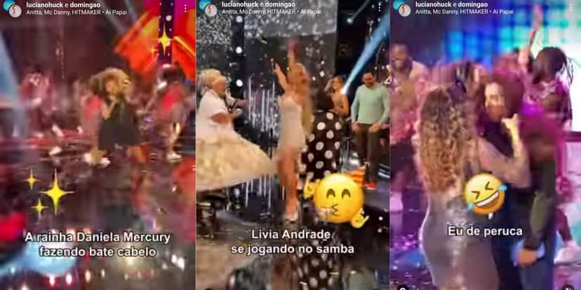 Daniela Mercury, Lívia Andrade e Luciano Huck aproveitando a festa de Carnaval no Domingão (Reprodução: Instagram) Daniela Mercury, Lívia Andrade e Luciano Huck aproveitando a festa de Carnaval no Domingão (Reprodução: Instagram)