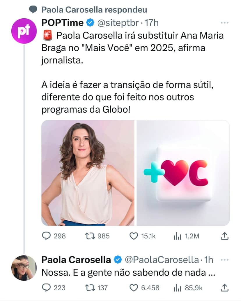 Paola Carosella sobre substituir Ana Maria Braga no programa Mais Você, da Globo - Foto Reprodução Twitter Paola Carosella sobre substituir Ana Maria Braga no programa Mais Você, da Globo - Foto Reprodução Twitter