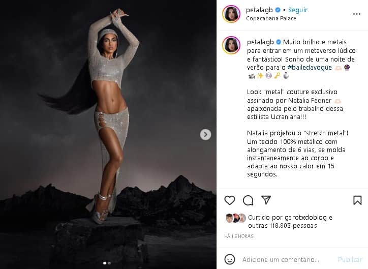 Pétala Barreiros brilhou no Baile da Vogue (Foto: Reprodução/ Instagram) Pétala Barreiros brilhou no Baile da Vogue (Foto: Reprodução/ Instagram)