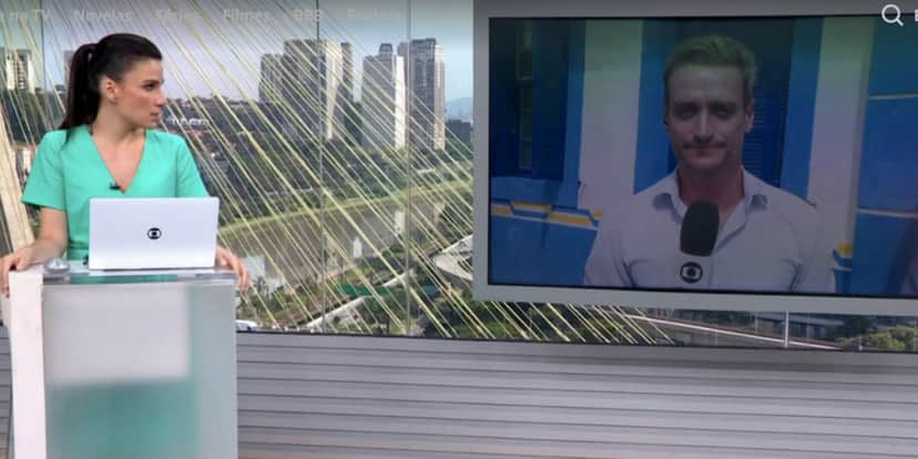 Sabina Simonato fica chocada com reação de Tiago Scheuer devido a notícia sobre roubo de doações para pessoas do litoral (Foto: Reprodução / Globo) Sabina Simonato fica chocada com reação de Tiago Scheuer devido a notícia sobre roubo de doações para pessoas do litoral (Foto: Reprodução / Globo)