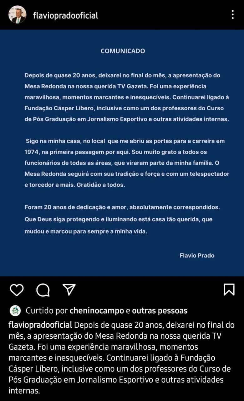 Publicação de Flávio Prado, da TV Gazeta (Foto: Reprodução/ Instagram) Publicação de Flávio Prado, da TV Gazeta (Foto: Reprodução/ Instagram)
