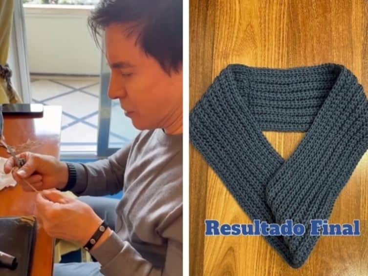Xororó fazendo um cachecol para o seu neto Theo, filho da Sany - Foto Reprodução Instagram Xororó fazendo um cachecol para o seu neto Theo, filho da Sany - Foto Reprodução Instagram