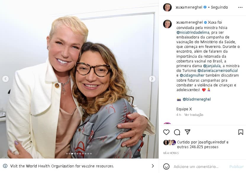 Xuxa Meneghel posou com Janja, esposa de Lula, e fez um comunicado especial (Foto: Reprodução/ Instagram) Xuxa Meneghel posou com Janja, esposa de Lula, e fez um comunicado especial (Foto: Reprodução/ Instagram)