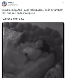Internautas pedem expulsão de Larissa, mas outros defendem a sister (Foto: Reprodução / Twitter) Internautas pedem expulsão de Larissa, mas outros defendem a sister (Foto: Reprodução / Twitter)