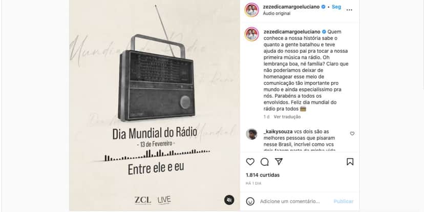 Perfil de Zezé e Luciano faz anúncio importante sobre o que marcou dupla e celebra criação da rádio (Foto: Reprodução / Instagram) Perfil de Zezé e Luciano faz anúncio importante sobre o que marcou dupla e celebra criação da rádio (Foto: Reprodução / Instagram)