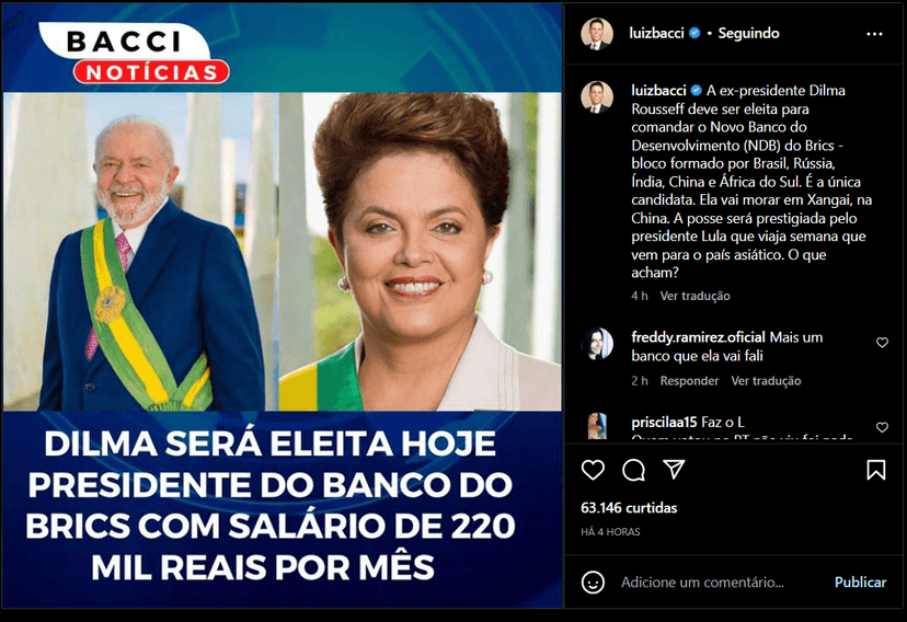 Publicação de Luiz Bacci sobre a nomeação de Dilma (Foto Reprodução/Instagram) Publicação de Luiz Bacci sobre a nomeação de Dilma (Foto Reprodução/Instagram)
