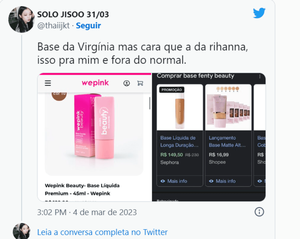 A base de Virgina Fonseca foi comparada a da Rihanna, sendo vista como mais cara (Foto Reprodução/Twitter) A base de Virgina Fonseca foi comparada a da Rihanna, sendo vista como mais cara (Foto Reprodução/Twitter)