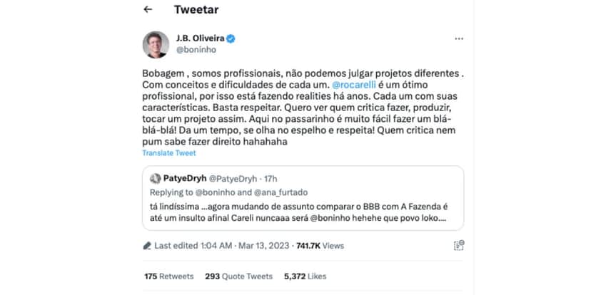 Boninho fica irritado com comparações entre BBB e A Fazenda, e sai em defesa de Rodrigo Carelli (Foto: Reprodução / Twitter) Boninho fica irritado com comparações entre BBB e A Fazenda, e sai em defesa de Rodrigo Carelli (Foto: Reprodução / Twitter)