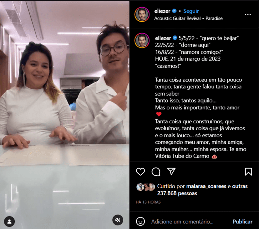 Postagem de Eliezer aonde ele declara seu amor por meio de uma linha cronológica em sua legenda(Foto Reprodução/Instagram) Postagem de Eliezer aonde ele declara seu amor por meio de uma linha cronológica em sua legenda(Foto Reprodução/Instagram)