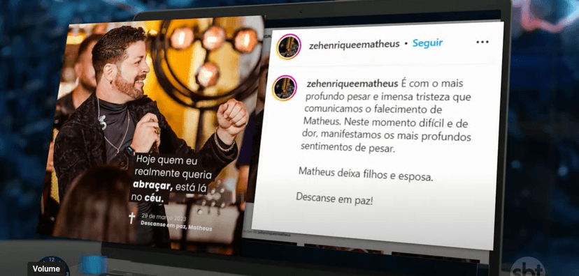Homenagem ao cantor Matheus nas redes sociais foi exibida durante o "Primeiro Impacto" (Foto Reprodução/SBT) Homenagem ao cantor Matheus nas redes sociais foi exibida durante o "Primeiro Impacto" (Foto Reprodução/SBT)