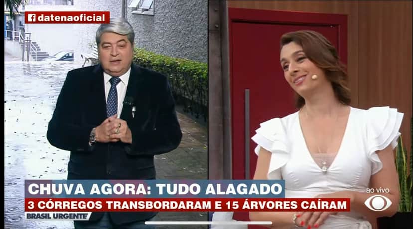 Datena abre o Brasil Urgente em meio a chuva fora dos estúdios do canal - Foto Reprodução Band Datena abre o Brasil Urgente em meio a chuva fora dos estúdios do canal - Foto Reprodução Band