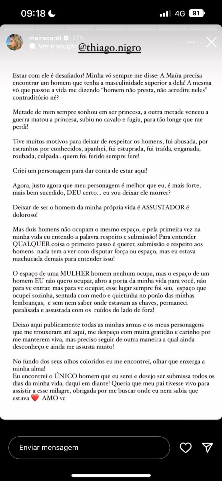 Relato de Maíra Cardi- Foto Reprodução Instagram Relato de Maíra Cardi- Foto Reprodução Instagram