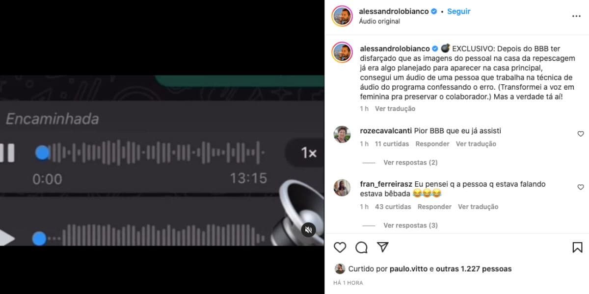 Alessandro Lo-Bianco mostra áudio da produção da Globo (Foto: Reprodução / Instagram) Alessandro Lo-Bianco mostra áudio da produção da Globo (Foto: Reprodução / Instagram)
