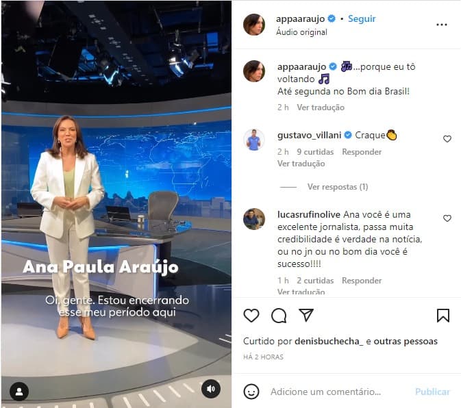 Ana Paula Araújo se despede da bancada do Jornal Nacional e anuncia retorno ao Bom Dia Brasil - Foto: Reprodução/Instagram Ana Paula Araújo se despede da bancada do Jornal Nacional e anuncia retorno ao Bom Dia Brasil - Foto: Reprodução/Instagram