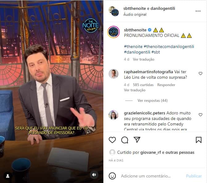 Danilo Gentili faz pronunciamento e fala de mudança de emissora - Foto: Reprodução/instagram Danilo Gentili faz pronunciamento e fala de mudança de emissora - Foto: Reprodução/instagram