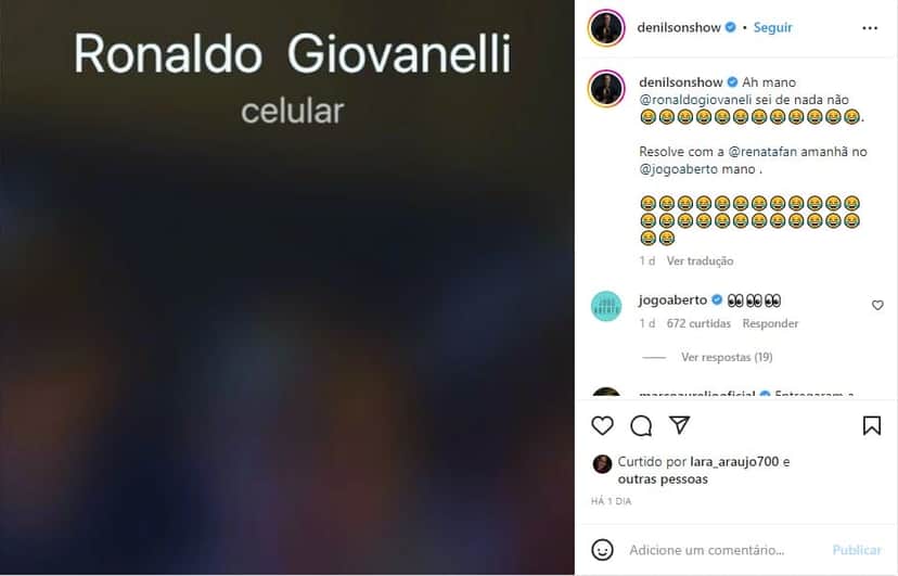 Denílson se recusa a atender Ronaldo Giovanelli, comentarista do Jogo Aberto - Foto; Reprodução/Instagram Denílson se recusa a atender Ronaldo Giovanelli, comentarista do Jogo Aberto - Foto; Reprodução/Instagram