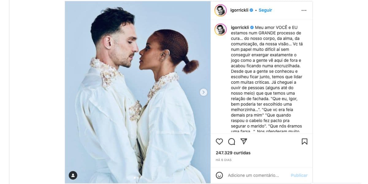 Igor Rickli é criticado por conta de declaração para Aline Wirley (Foto: Reprodução / Instagram) Igor Rickli é criticado por conta de declaração para Aline Wirley (Foto: Reprodução / Instagram)