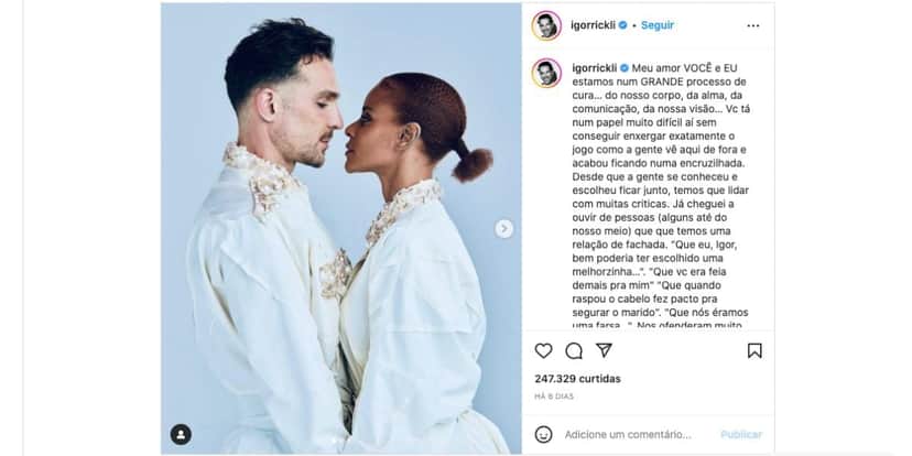 Igor Rickli é criticado por conta de declaração para Aline Wirley (Foto: Reprodução / Instagram) Igor Rickli é criticado por conta de declaração para Aline Wirley (Foto: Reprodução / Instagram)