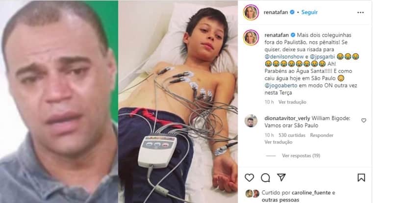 Renata Fan brincou com Denílson e João Pedro Sgarbi após a eliminação do São Paulo no Paulistão (Reprodução: Instagram) Renata Fan brincou com Denílson e João Pedro Sgarbi após a eliminação do São Paulo no Paulistão (Reprodução: Instagram)