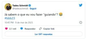Tadeu brincou com falha técnica no BBB23 (Foto: Reprodução / Twitter) Tadeu brincou com falha técnica no BBB23 (Foto: Reprodução / Twitter)