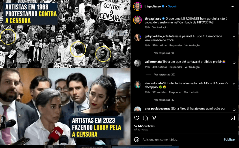 Publicação de Thiago Gagliasso criticando Glória Pires e demais artistas (Foto Reprodução/Instagram) Publicação de Thiago Gagliasso criticando Glória Pires e demais artistas (Foto Reprodução/Instagram)