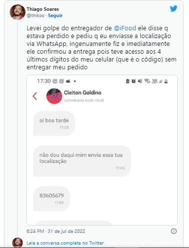 Cliente expõe golpe do Ifood - Foto Reprodução Twitter Cliente expõe golpe do Ifood - Foto Reprodução Twitter