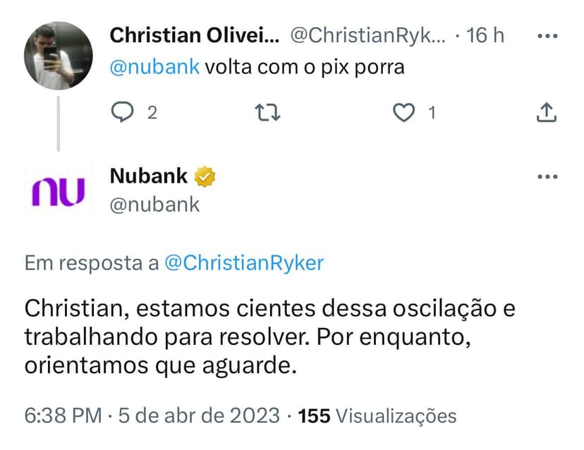 Clientes do Nubank estão furiosos com a instabilidade do Pix na instituição - Foto Reprodução Twitter Clientes do Nubank estão furiosos com a instabilidade do Pix na instituição - Foto Reprodução Twitter