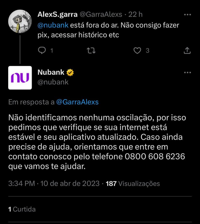 Situação do Nubank está enfurecendo clientes nesta terça-feira (11) - Foto Reprodução twitter Situação do Nubank está enfurecendo clientes nesta terça-feira (11) - Foto Reprodução twitter