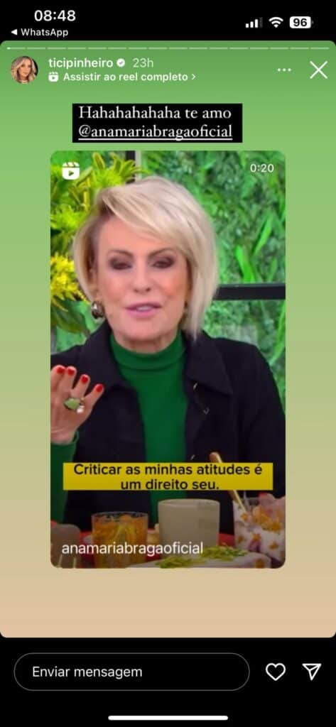 Tici Pinheiro mostra vídeo de Ana Maria (Foto: Reprodução / Instagram) Tici Pinheiro mostra vídeo de Ana Maria (Foto: Reprodução / Instagram)