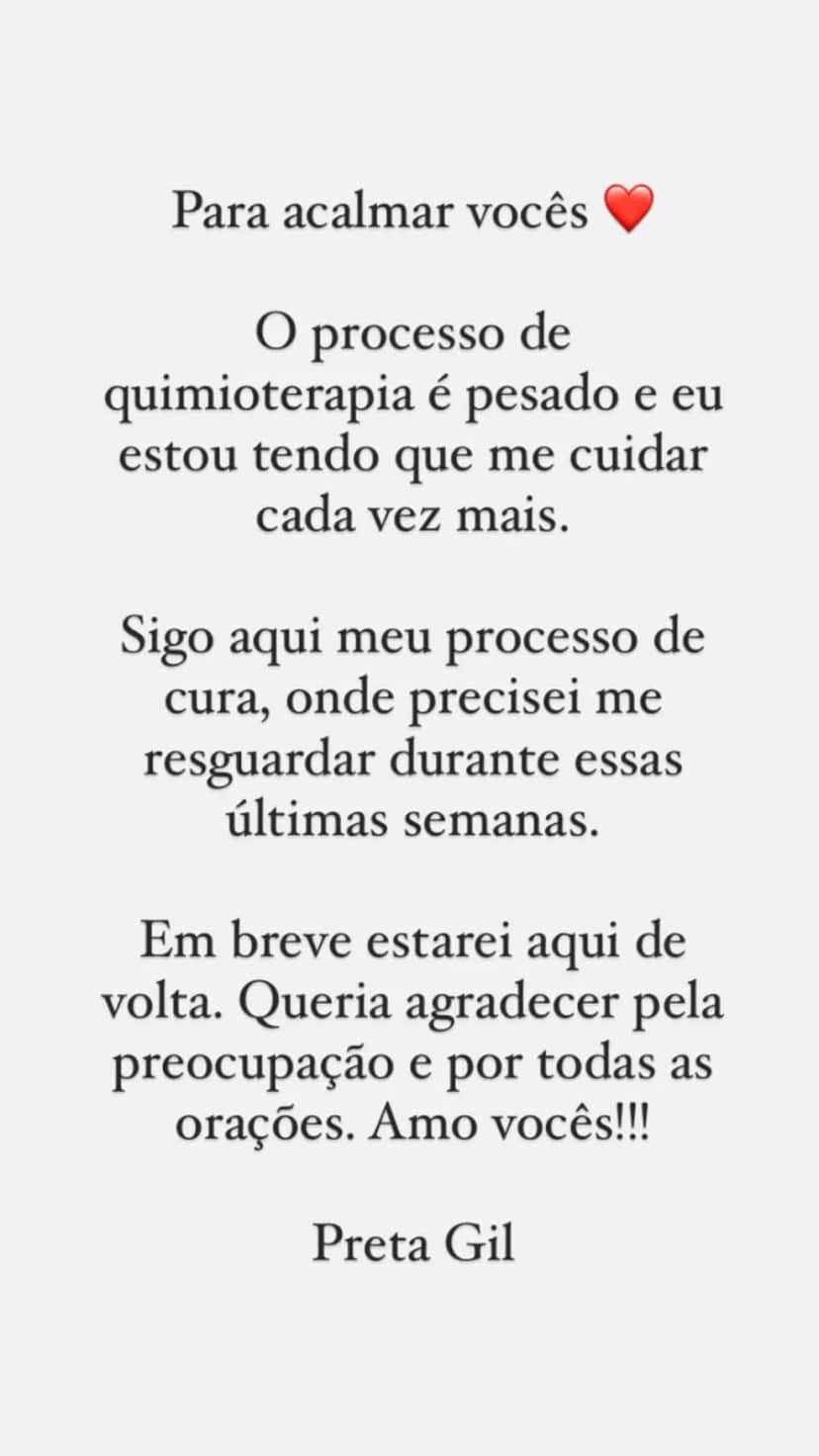 Preta Gil fez comunicado para acalmar seus seguidores (Foto: Reprodução/ Instagram) Preta Gil fez comunicado para acalmar seus seguidores (Foto: Reprodução/ Instagram)