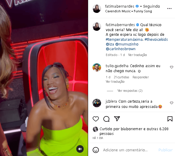 Fátima Bernardes expôs os bastidores do The Voice e Túlio Gadêlha reagiu (Foto: Reprodução/ Instagram) Fátima Bernardes expôs os bastidores do The Voice e Túlio Gadêlha reagiu (Foto: Reprodução/ Instagram)