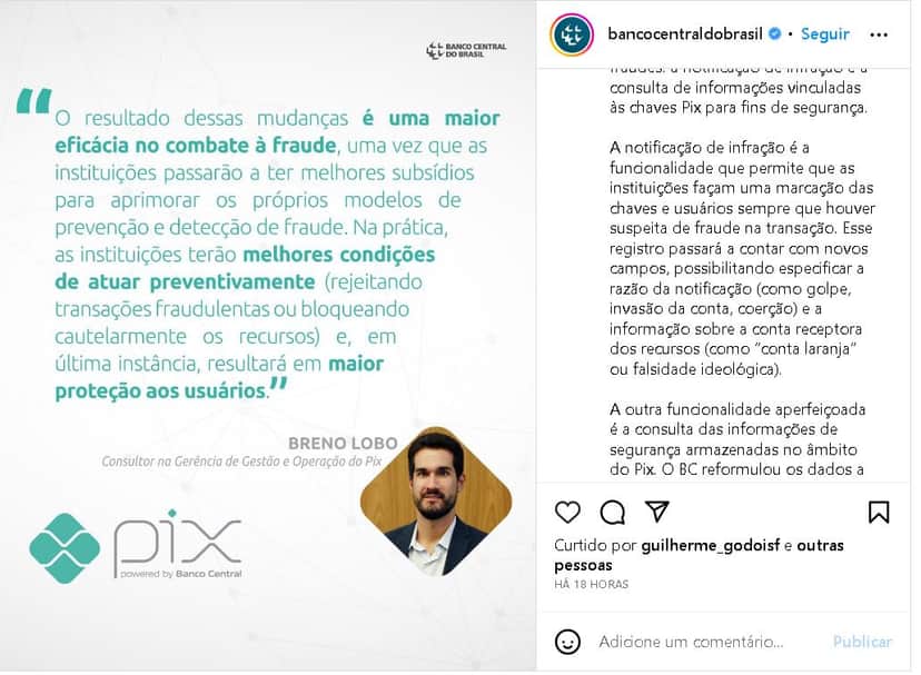 Anúncio importante sobre o PIX, feito pelo Banco Central em seu Instagram - Foto Reprodução Instagram Anúncio importante sobre o PIX, feito pelo Banco Central em seu Instagram - Foto Reprodução Instagram