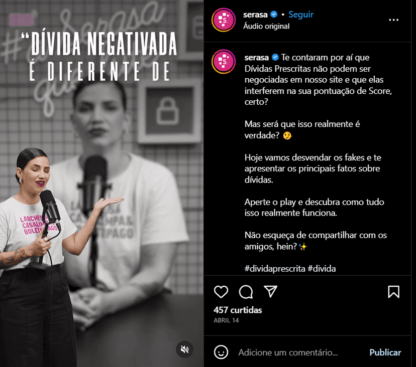 Serasa ajuda brasileiros a identificar o que é fake ou fato quanto às informações sobre dívidas que circulam (Foto Reprodução/Instagram) Serasa ajuda brasileiros a identificar o que é fake ou fato quanto às informações sobre dívidas que circulam (Foto Reprodução/Instagram)