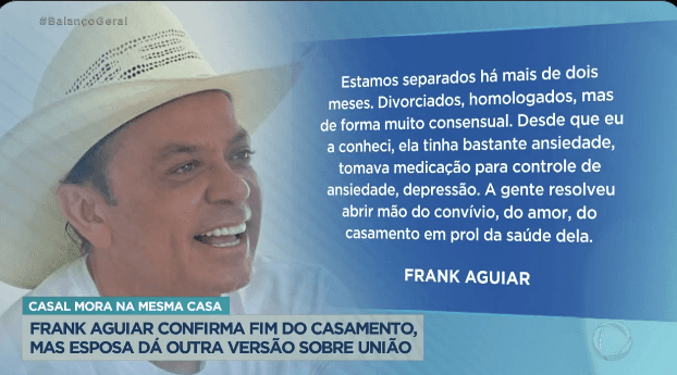 O sertanejo Frank Aguiar revelou em entrevista o motivo da separação (Foto Reprodução/Twitter) O sertanejo Frank Aguiar revelou em entrevista o motivo da separação (Foto Reprodução/Twitter)